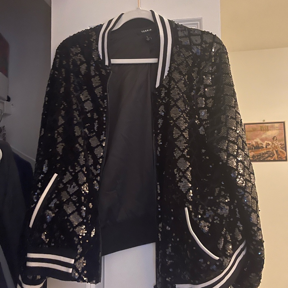 Torrid Black and Silver Sequin Bomber Jacket